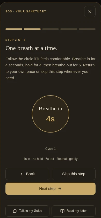 SOS prototype: guided breathing with a four-second inhale and optional navigation controls.